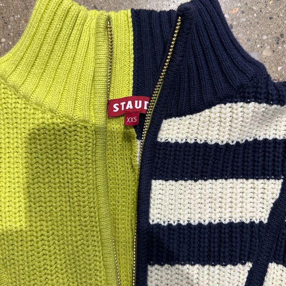 Staud Hampton Sweater Quarter Zip Lime Navy White Stripe - Picture 3 of 5